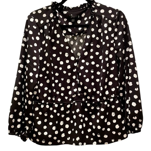 J. Crew Women's Black Peplum‎ Blouse in Painted Dot Satiny Top Size 12 - Picture 1 of 5